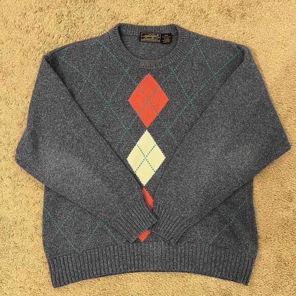 Vintage 90s Eddie Bauer Sweater Men’s M Argyle Knit Crewneck Blue Red Diamond - Picture 1 of 7